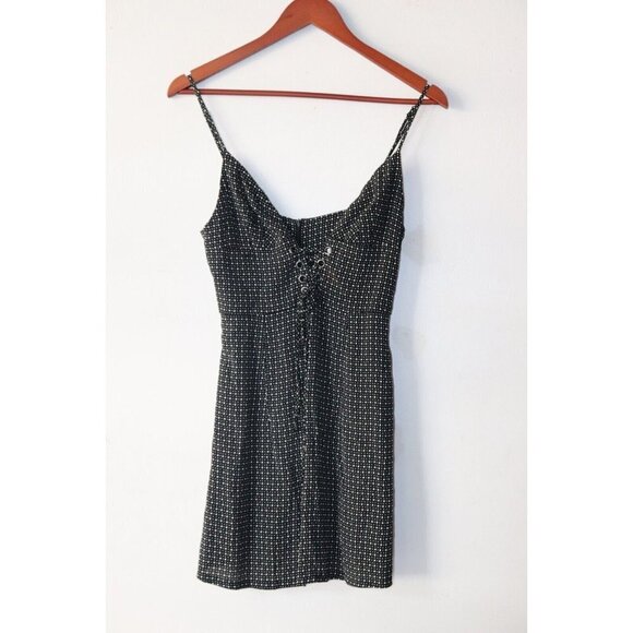 Blue Life Women's Size Small Black Slip Dress Lace-Up Polka-Dot Crepe Mini Dress - Picture 1 of 7